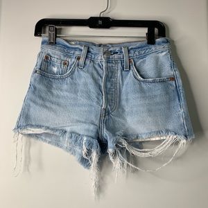 Levi's 501 Distressed High Waisted Button Fly Denim Shorts